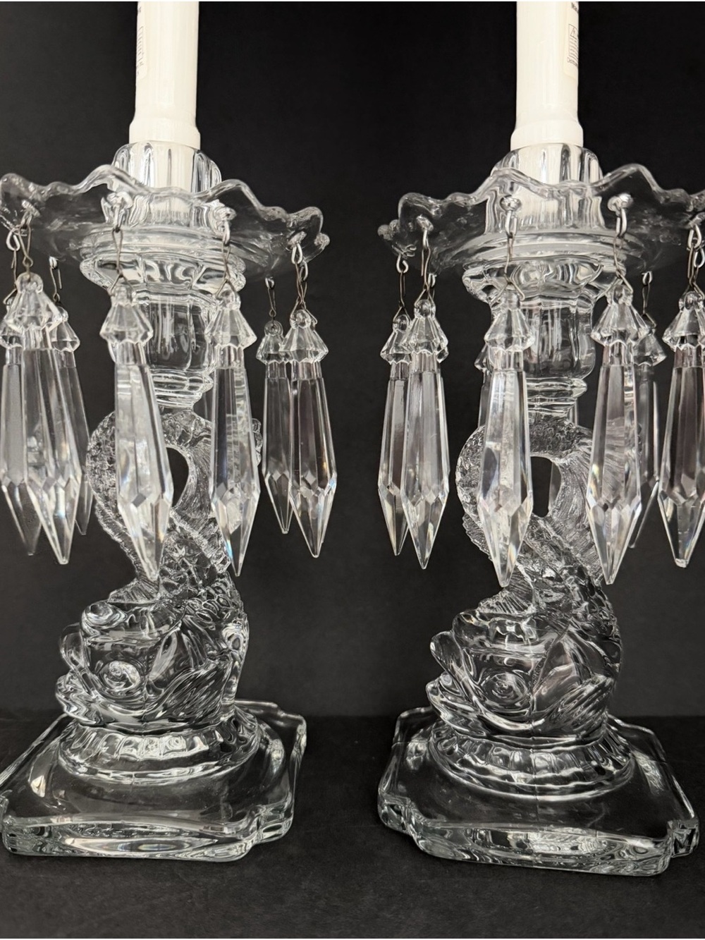 Pair of Cambridge Glass Candle Holders Fish Figure Bases w/Crystal Prisms 9,5